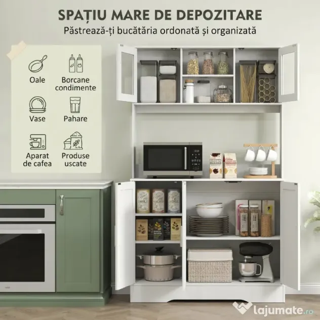 HOMCOM Dulap Bucătărie de 180cm, Dulap Înalt cu 4 Compartimente, Uși din Sticlă Securizată, 2 Rafturi Deschise, Rafturi Reglabile, Blat pentru Electrocasnice, pentru Bucătărie sau Living, Alb | Aosom Romania