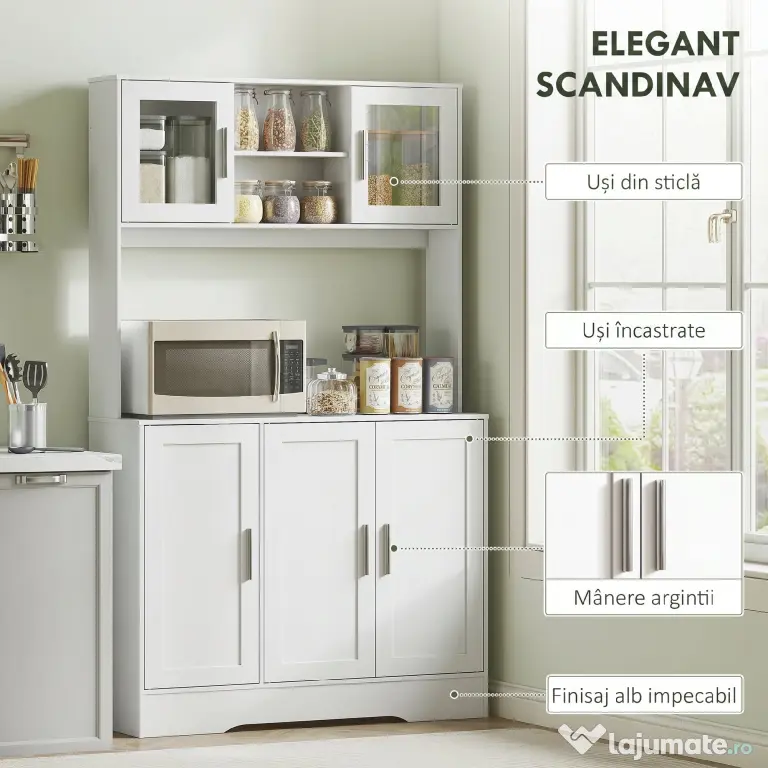 HOMCOM Dulap Bucătărie de 180cm, Dulap Înalt cu 4 Compartimente, Uși din Sticlă Securizată, 2 Rafturi Deschise, Rafturi Reglabile, Blat pentru Electrocasnice, pentru Bucătărie sau Living, Alb | Aosom Romania