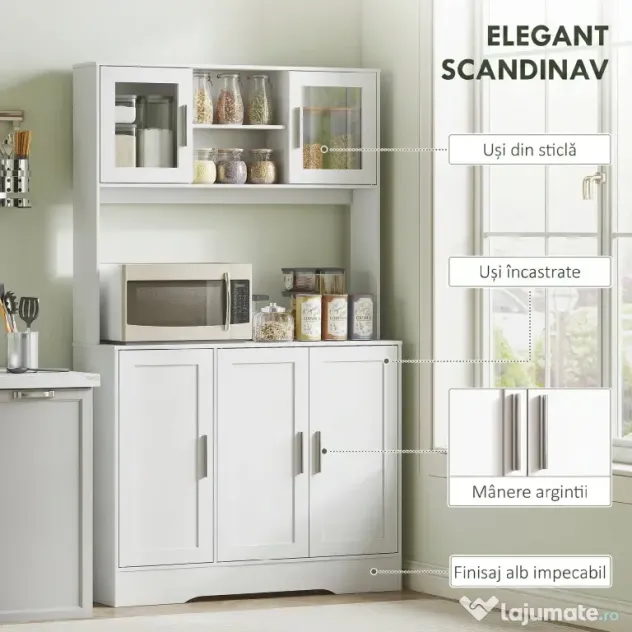 HOMCOM Dulap Bucătărie de 180cm, Dulap Înalt cu 4 Compartimente, Uși din Sticlă Securizată, 2 Rafturi Deschise, Rafturi Reglabile, Blat pentru Electrocasnice, pentru Bucătărie sau Living, Alb | Aosom Romania