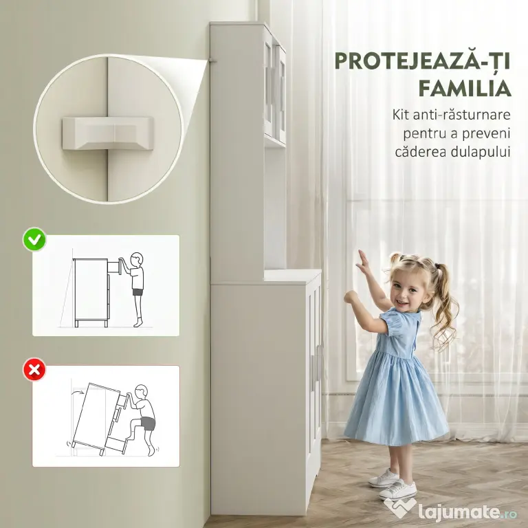 HOMCOM Dulap Bucătărie de 180cm, Dulap Înalt cu 4 Compartimente, Uși din Sticlă Securizată, 2 Rafturi Deschise, Rafturi Reglabile, Blat pentru Electrocasnice, pentru Bucătărie sau Living, Alb | Aosom Romania