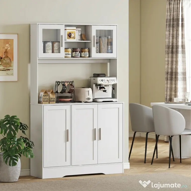 HOMCOM Dulap Bucătărie de 180cm, Dulap Înalt cu 4 Compartimente, Uși din Sticlă Securizată, 2 Rafturi Deschise, Rafturi Reglabile, Blat pentru Electrocasnice, pentru Bucătărie sau Living, Alb | Aosom Romania