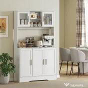 HOMCOM Dulap Bucătărie de 180cm, Dulap Înalt cu 4 Compartimente, Uși din Sticlă Securizată, 2 Rafturi Deschise, Rafturi Reglabile, Blat pentru Electrocasnice, pentru Bucătărie sau Living, Alb | Aosom Romania 