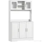 HOMCOM Servantă de Bucătărie înaltă de 180 cm, Dulap Dispensa cu 4 Dulapuri, Uși din Sticlă Securizată, 2 Rafturi Deschise, Rafturi Reglabile, Blat pentru Cuptorul cu Microunde, pentru Sala de Prânz sau Living, Alb