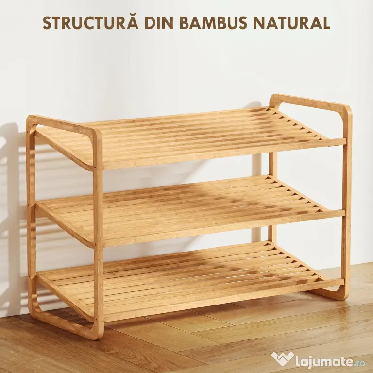 HOMCOM Etajeră pentru pantofi cu 3 rafturi pentru 12 perechi de pantofi din bambus 76x33x50.8 cm | Aosom Romania
