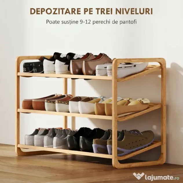 HOMCOM Etajeră pentru pantofi cu 3 rafturi pentru 12 perechi de pantofi din bambus 76x33x50.8 cm | Aosom Romania