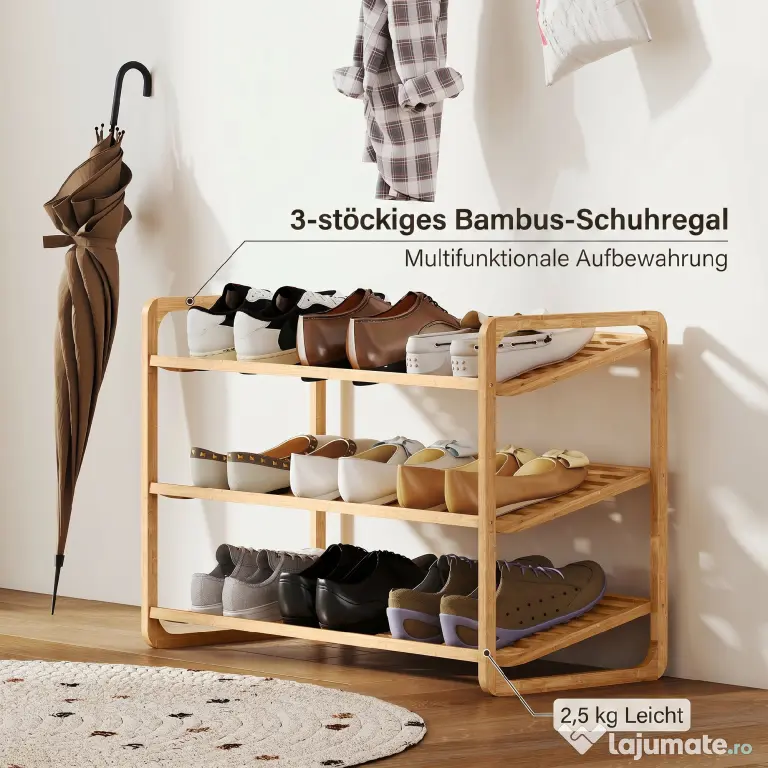 HOMCOM Etajeră pentru pantofi cu 3 rafturi pentru 12 perechi de pantofi din bambus 76x33x50.8 cm | Aosom Romania