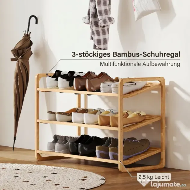HOMCOM Etajeră pentru pantofi cu 3 rafturi pentru 12 perechi de pantofi din bambus 76x33x50.8 cm | Aosom Romania