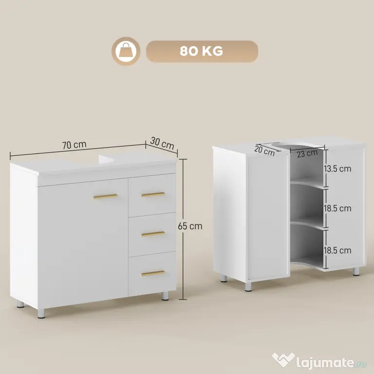 HOMCOM Mască Lavoar cu Dulap, 3 Sertare și Soft Close, Alb | Aosom Romania