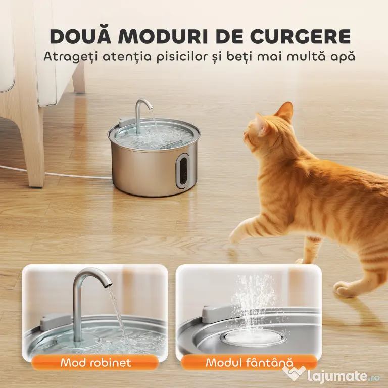 PawHut Fântână din Inox 2,5L pentru Pisici cu LED și 2 Moduri de Flux, Argintiu | Aosom Romania