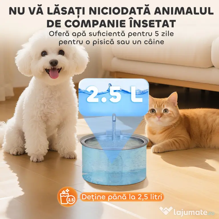 PawHut Fântână din Inox 2,5L pentru Pisici cu LED și 2 Moduri de Flux, Argintiu | Aosom Romania