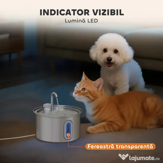 PawHut Fântână din Inox 2,5L pentru Pisici cu LED și 2 Moduri de Flux, Argintiu | Aosom Romania