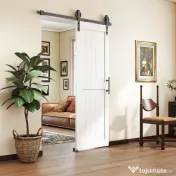 HOMCOM Ușă Glisantă în Stil Country cu Șină și Mâner din Lemn și Oțel, 71,5x213,4 cm, Alb și Negru