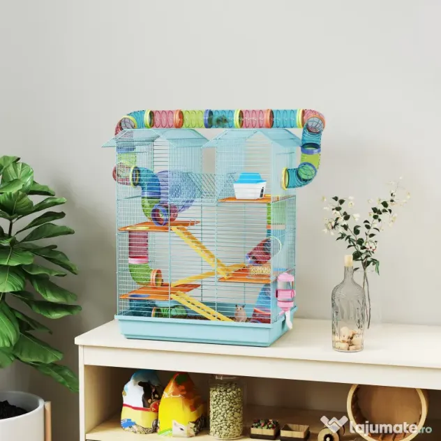 PawHut Cușcă pentru Hamsteri și Rozătoare cu 5 Niveluri și Tuburi Colorate Albastru | Aosom Romania