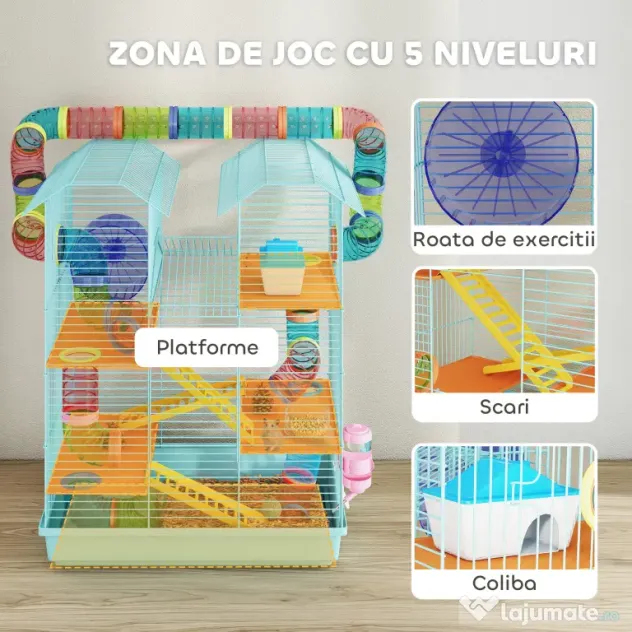 PawHut Cușcă pentru Hamsteri și Rozătoare cu 5 Niveluri și Tuburi Colorate Albastru | Aosom Romania