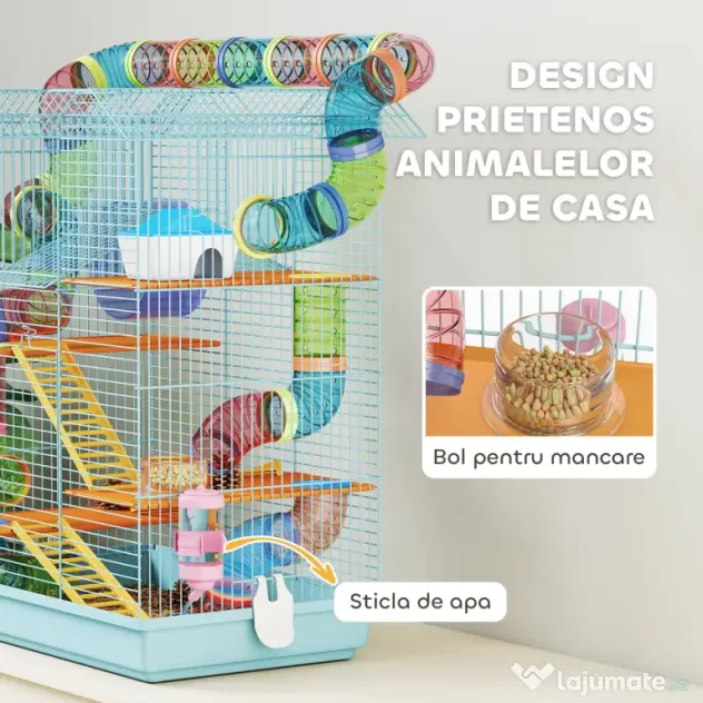 PawHut Cușcă pentru Hamsteri și Rozătoare cu 5 Niveluri și Tuburi Colorate Albastru | Aosom Romania