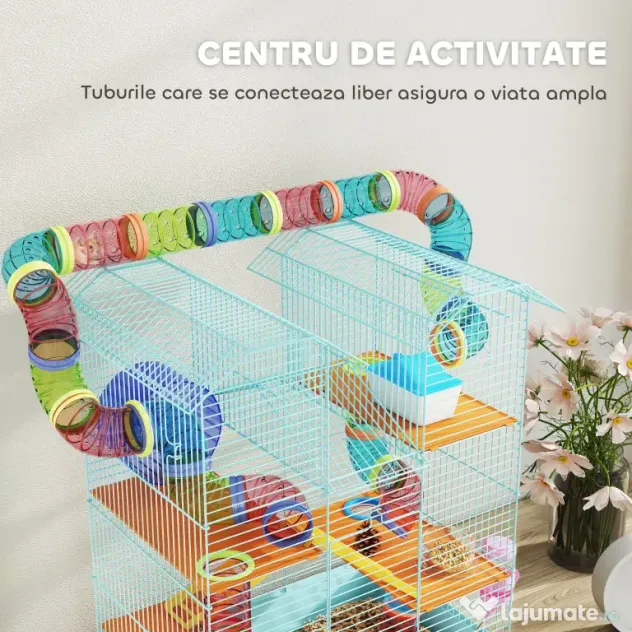 PawHut Cușcă pentru Hamsteri și Rozătoare cu 5 Niveluri și Tuburi Colorate Albastru | Aosom Romania