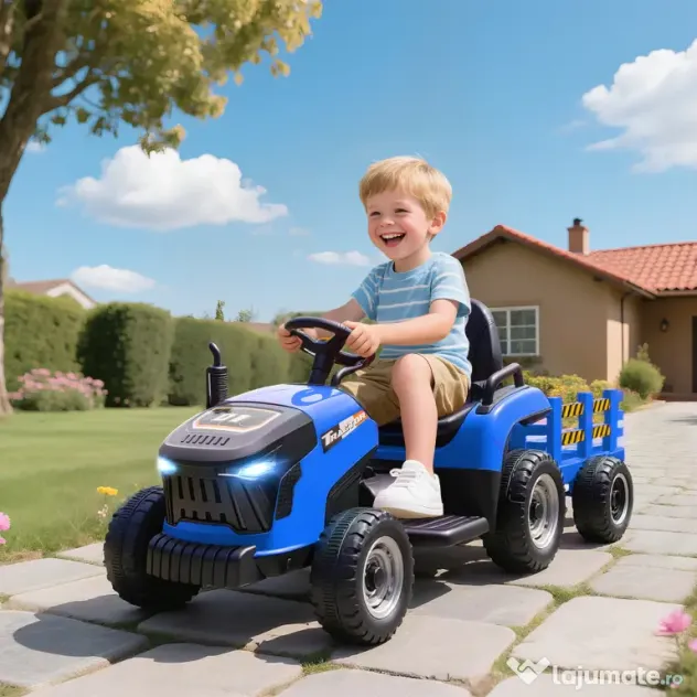 AIYAPLAY 2 în 1 Tractor Electric pentru Copii 3-8 Ani cu Remorcă Detașabilă, Telecomandă, Muzică, Lumini, Albastru | Aosom Romania