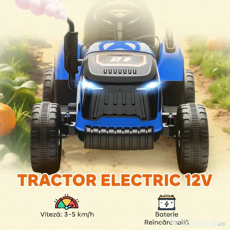 AIYAPLAY 2 în 1 Tractor Electric pentru Copii 3-8 Ani cu Remorcă Detașabilă, Telecomandă, Muzică, Lumini, Albastru | Aosom Romania