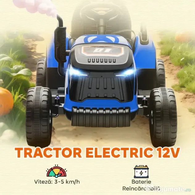 AIYAPLAY 2 în 1 Tractor Electric pentru Copii 3-8 Ani cu Remorcă Detașabilă, Telecomandă, Muzică, Lumini, Albastru | Aosom Romania