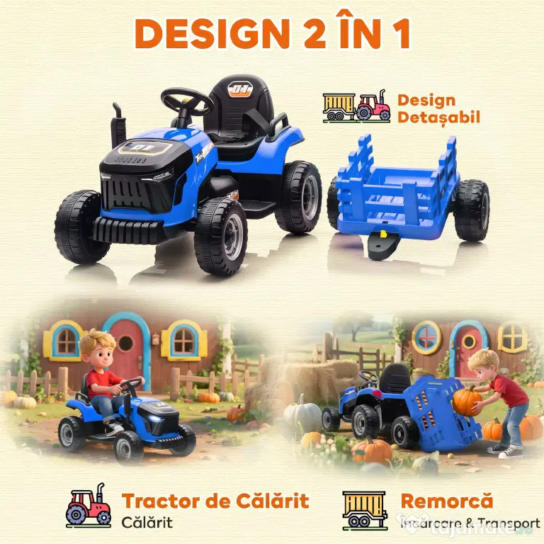 AIYAPLAY 2 în 1 Tractor Electric pentru Copii 3-8 Ani cu Remorcă Detașabilă, Telecomandă, Muzică, Lumini, Albastru | Aosom Romania