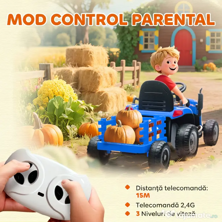 AIYAPLAY 2 în 1 Tractor Electric pentru Copii 3-8 Ani cu Remorcă Detașabilă, Telecomandă, Muzică, Lumini, Albastru | Aosom Romania
