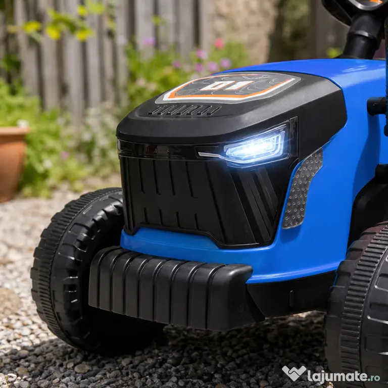 AIYAPLAY 2 în 1 Tractor Electric pentru Copii 3-8 Ani cu Remorcă Detașabilă, Telecomandă, Muzică, Lumini, Albastru | Aosom Romania