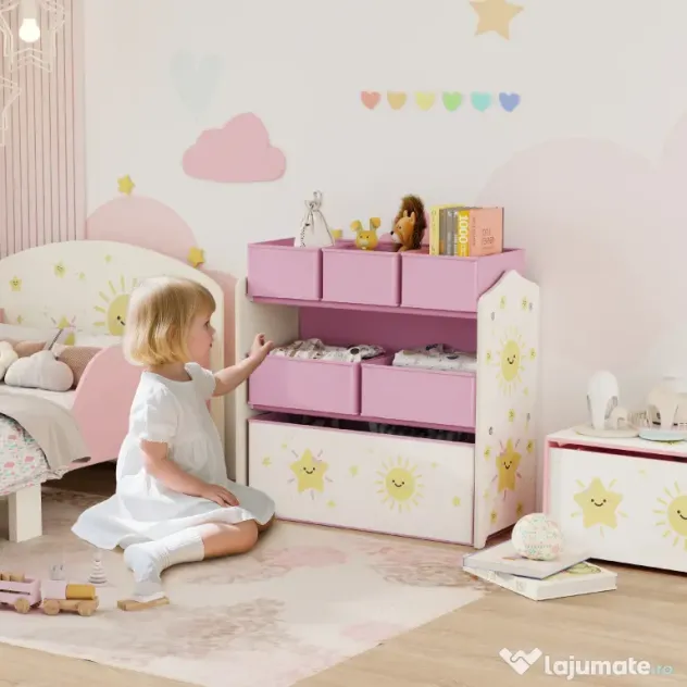 Raft AIYAPLAY pentru Depozitarea Jucăriilor, 3 Niveluri, 6 Cutii Textile Detașabile, Organizator pentru Dormitor, Living și Camera de Joacă, Roz | Aosom Romania