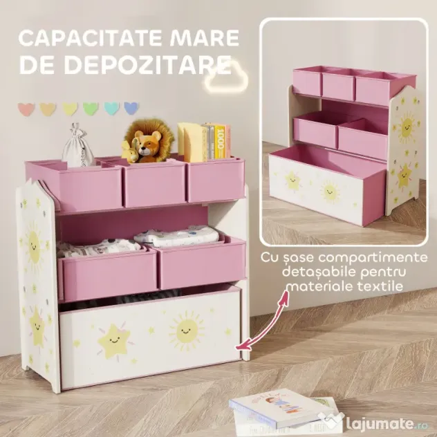 Raft AIYAPLAY pentru Depozitarea Jucăriilor, 3 Niveluri, 6 Cutii Textile Detașabile, Organizator pentru Dormitor, Living și Camera de Joacă, Roz | Aosom Romania