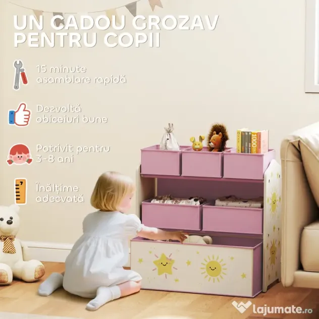 Raft AIYAPLAY pentru Depozitarea Jucăriilor, 3 Niveluri, 6 Cutii Textile Detașabile, Organizator pentru Dormitor, Living și Camera de Joacă, Roz | Aosom Romania