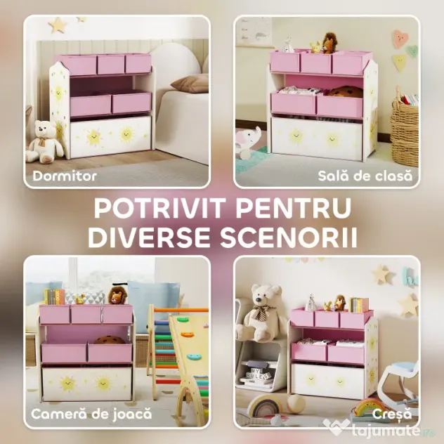 Raft AIYAPLAY pentru Depozitarea Jucăriilor, 3 Niveluri, 6 Cutii Textile Detașabile, Organizator pentru Dormitor, Living și Camera de Joacă, Roz | Aosom Romania