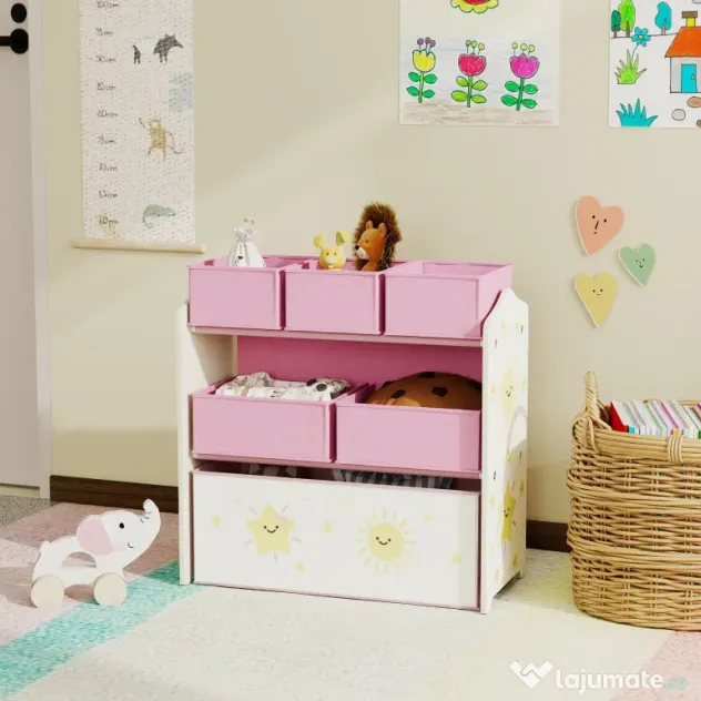 Raft AIYAPLAY pentru Depozitarea Jucăriilor, 3 Niveluri, 6 Cutii Textile Detașabile, Organizator pentru Dormitor, Living și Camera de Joacă, Roz | Aosom Romania