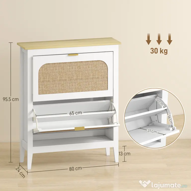 HOMCOM Dulap de pantofi subțire în stil Boho cu 2 sertare rabatabile, pentru 14 perechi de pantofi, Alb | Aosom Romania
