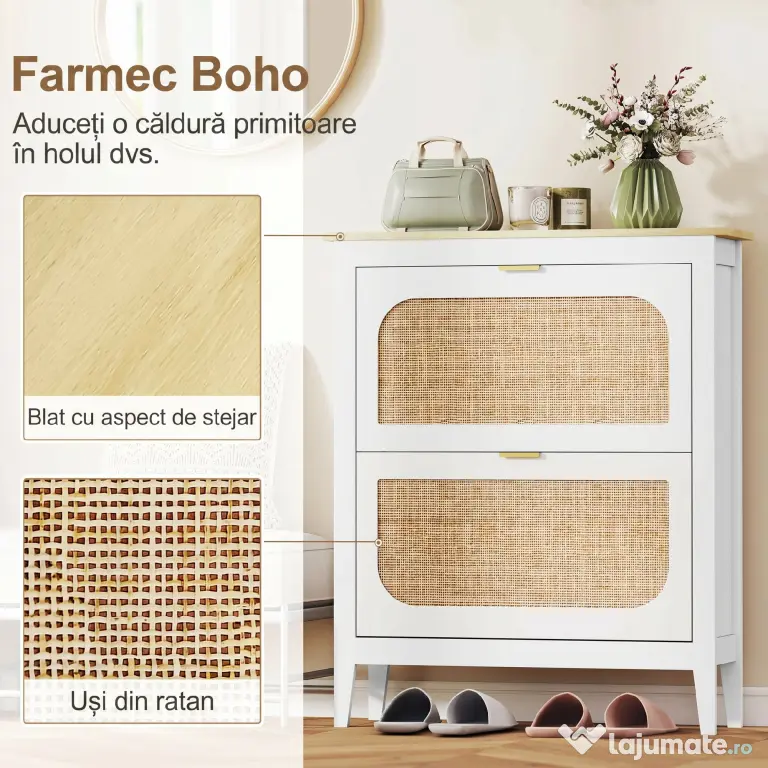 HOMCOM Dulap de pantofi subțire în stil Boho cu 2 sertare rabatabile, pentru 14 perechi de pantofi, Alb | Aosom Romania