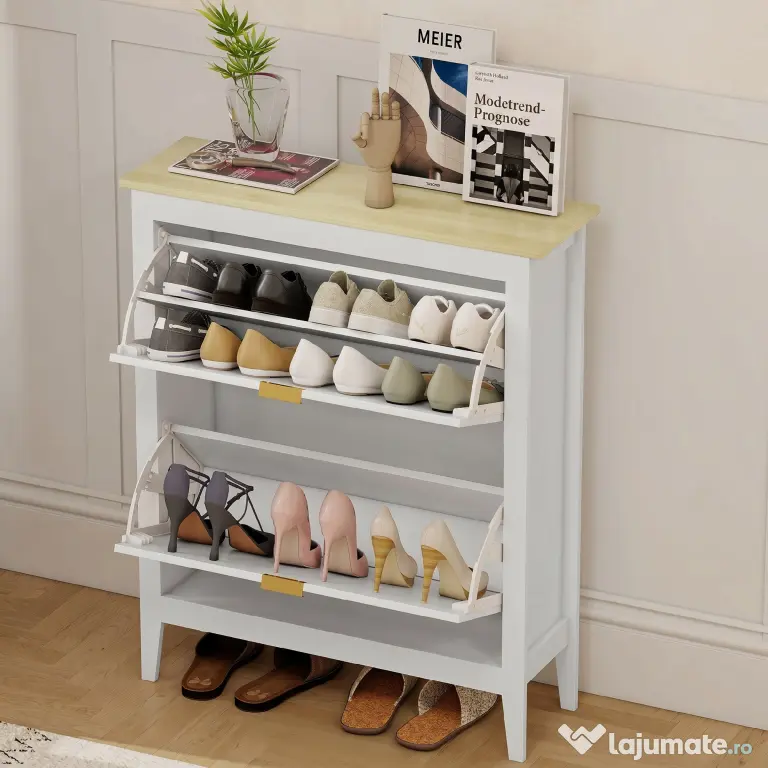 HOMCOM Dulap de pantofi subțire în stil Boho cu 2 sertare rabatabile, pentru 14 perechi de pantofi, Alb | Aosom Romania