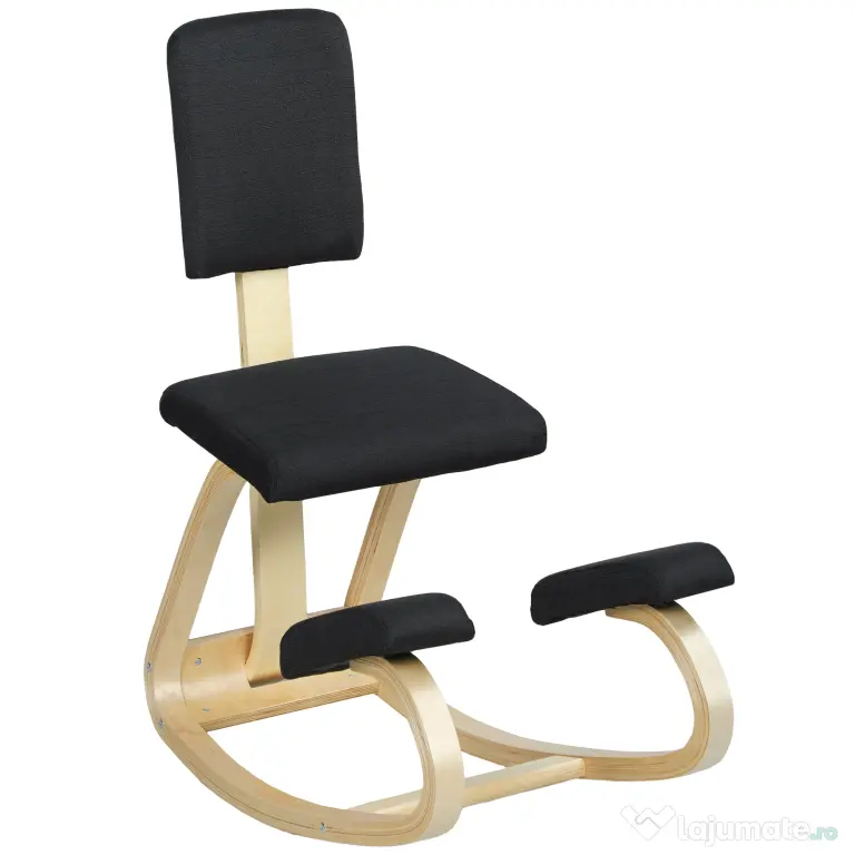 HOMCOM Scaun Ergonomic pentru Genunchi din Țesătură cu Aspect de In și Lemn de Mesteacăn, Negru | Aosom Romania