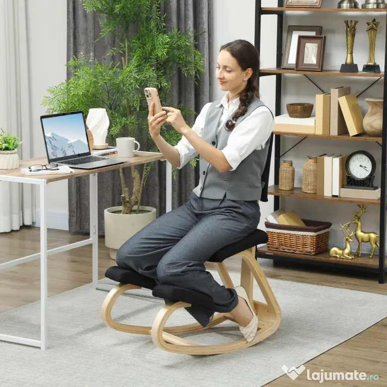 HOMCOM Scaun Ergonomic pentru Genunchi din Țesătură cu Aspect de In și Lemn de Mesteacăn, Negru | Aosom Romania
