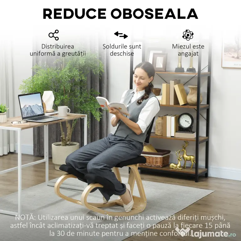 HOMCOM Scaun Ergonomic pentru Genunchi din Țesătură cu Aspect de In și Lemn de Mesteacăn, Negru | Aosom Romania