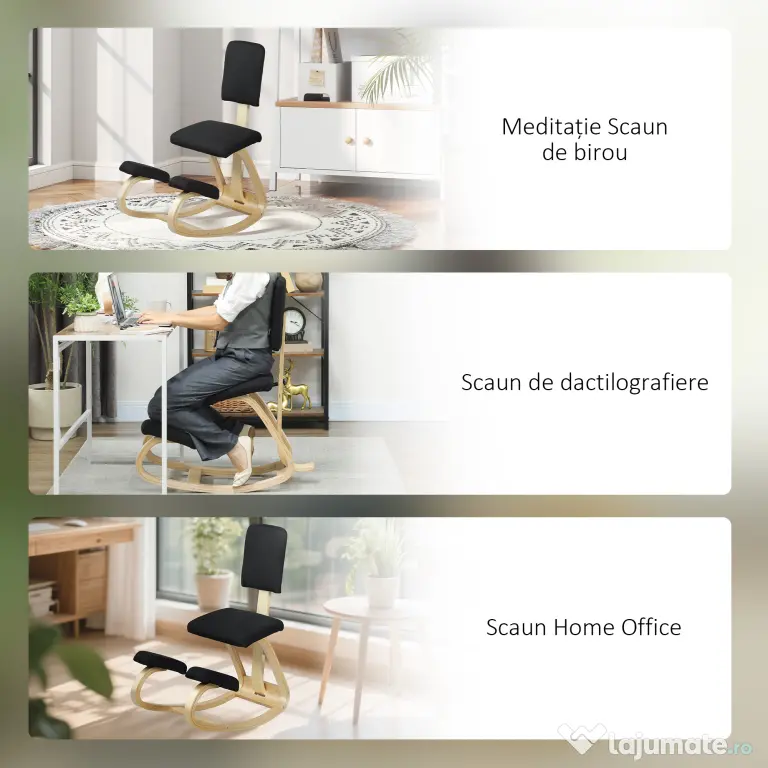 HOMCOM Scaun Ergonomic pentru Genunchi din Țesătură cu Aspect de In și Lemn de Mesteacăn, Negru | Aosom Romania