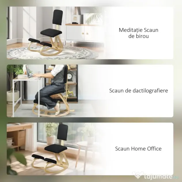 HOMCOM Scaun Ergonomic pentru Genunchi din Țesătură cu Aspect de In și Lemn de Mesteacăn, Negru | Aosom Romania