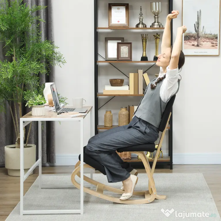 HOMCOM Scaun Ergonomic pentru Genunchi din Țesătură cu Aspect de In și Lemn de Mesteacăn, Negru | Aosom Romania