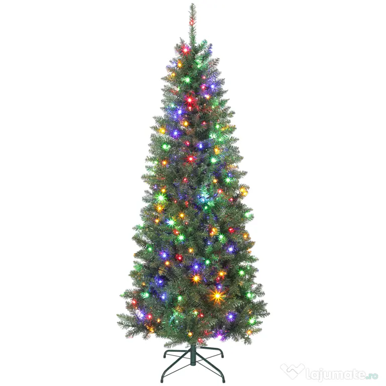 HOMCOM Pom de Crăciun Artificial de 180 cm cu Lumini Incorporate Albe și Colorate în 9 Moduri și 899 Crengi Ignifuge, Brad de Crăciun Dens și Realistic cu Bază Metalică Pliabilă pentru Acasă | Aosom Romania