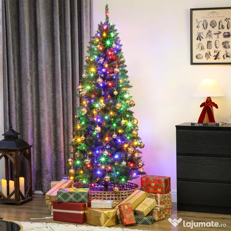 HOMCOM Pom de Crăciun Artificial de 180 cm cu Lumini Incorporate Albe și Colorate în 9 Moduri și 899 Crengi Ignifuge, Brad de Crăciun Dens și Realistic cu Bază Metalică Pliabilă pentru Acasă | Aosom Romania