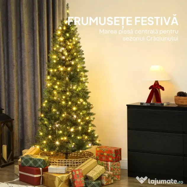 HOMCOM Pom de Crăciun Artificial de 180 cm cu Lumini Incorporate Albe și Colorate în 9 Moduri și 899 Crengi Ignifuge, Brad de Crăciun Dens și Realistic cu Bază Metalică Pliabilă pentru Acasă | Aosom Romania