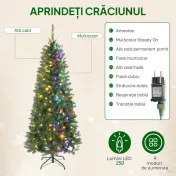 HOMCOM Pom de Crăciun Artificial de 180 cm cu Lumini Incorporate Albe și Colorate în 9 Moduri și 899 Crengi Ignifuge, Brad de Crăciun Dens și Realistic cu Bază Metalică Pliabilă pentru Acasă | Aosom Romania