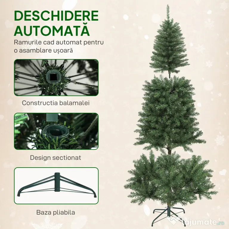 HOMCOM Pom de Crăciun Artificial de 180 cm cu Lumini Incorporate Albe și Colorate în 9 Moduri și 899 Crengi Ignifuge, Brad de Crăciun Dens și Realistic cu Bază Metalică Pliabilă pentru Acasă | Aosom Romania
