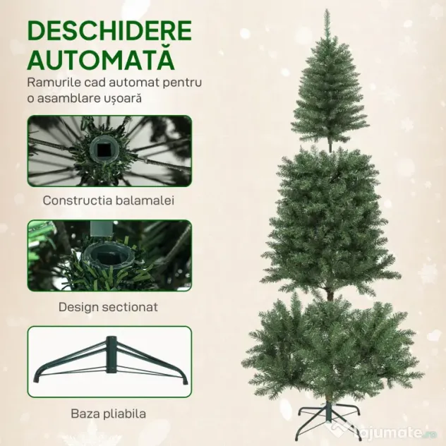 HOMCOM Pom de Crăciun Artificial de 180 cm cu Lumini Incorporate Albe și Colorate în 9 Moduri și 899 Crengi Ignifuge, Brad de Crăciun Dens și Realistic cu Bază Metalică Pliabilă pentru Acasă | Aosom Romania