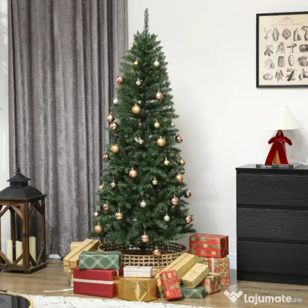 HOMCOM Pom de Crăciun Artificial de 180 cm cu Lumini Incorporate Albe și Colorate în 9 Moduri și 899 Crengi Ignifuge, Brad de Crăciun Dens și Realistic cu Bază Metalică Pliabilă pentru Acasă | Aosom Romania