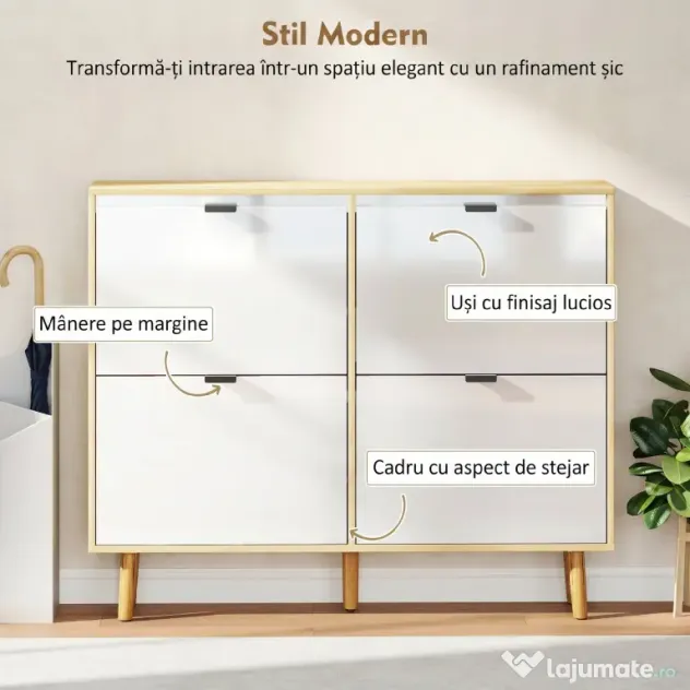 HOMCOM Dulap de pantofi subțire modern cu 4 sertare rabatabile pentru 20 de perechi de pantofi, Alb | Aosom Romania
