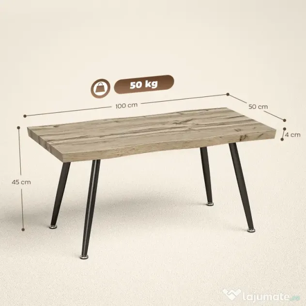 HOMCOM Măsuță de Cafea cu Blat Gros, Picioare Reglabile, Design Nordic cu Picioare din Oțel, 100x50x45 cm, Stejar | Aosom Romania