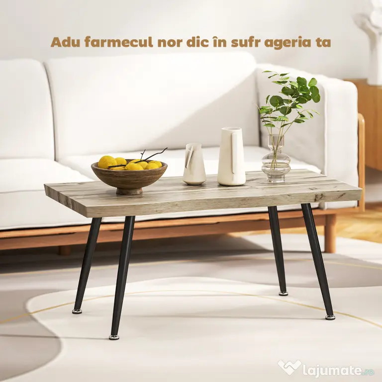 HOMCOM Măsuță de Cafea cu Blat Gros, Picioare Reglabile, Design Nordic cu Picioare din Oțel, 100x50x45 cm, Stejar | Aosom Romania